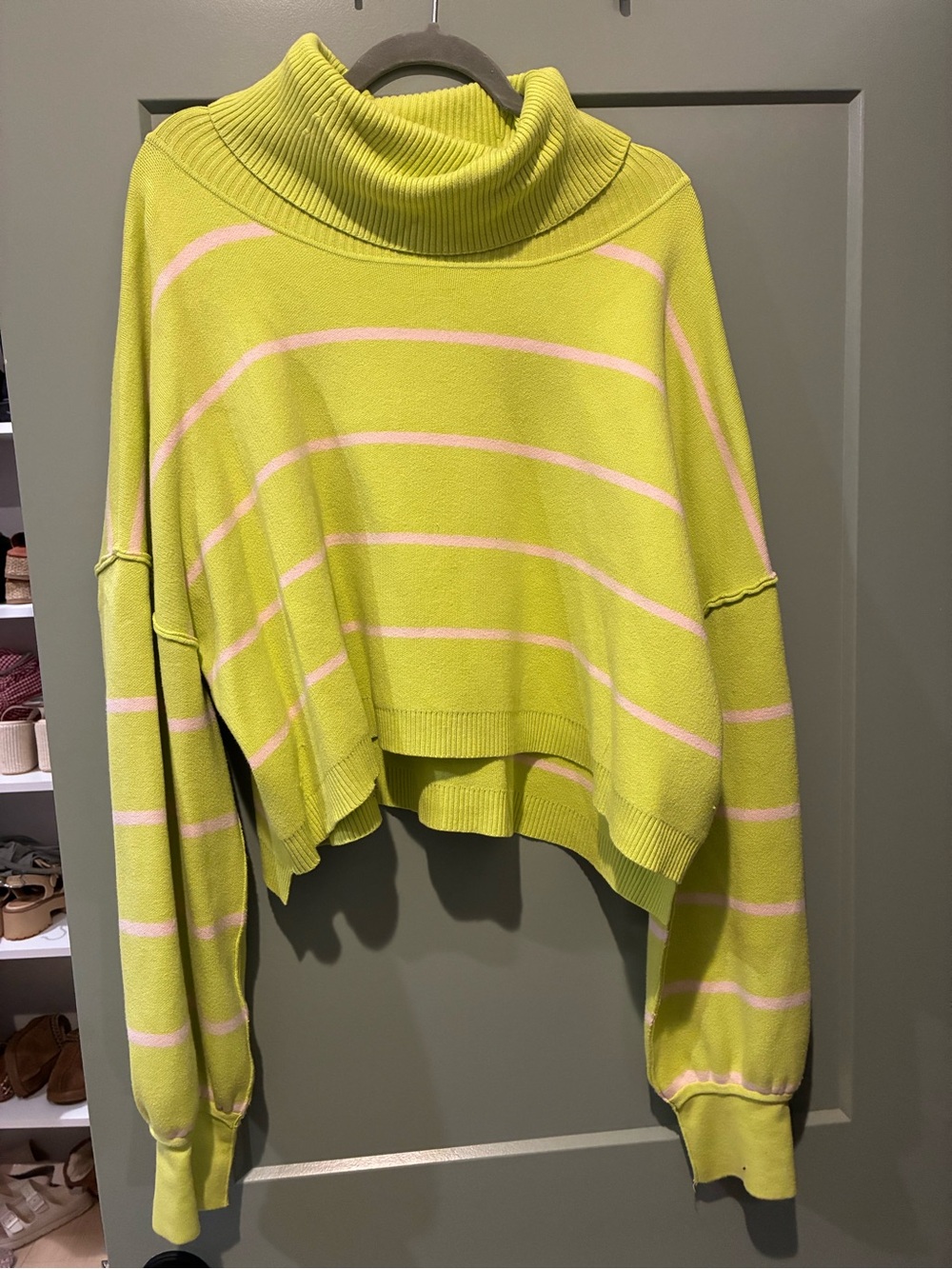 Free People Paulie Lime Green & Pale Pink Striped Cropped Turtleneck Sweater
